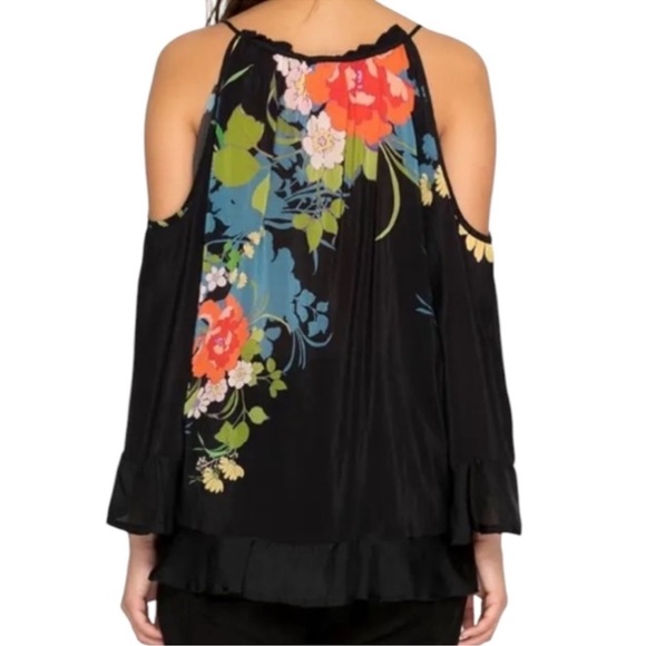 Johnny Was Fusion Cold Shoulder Black Floral Tunic Top Ruffle V Neck Spring SM - Picture 8 of 9